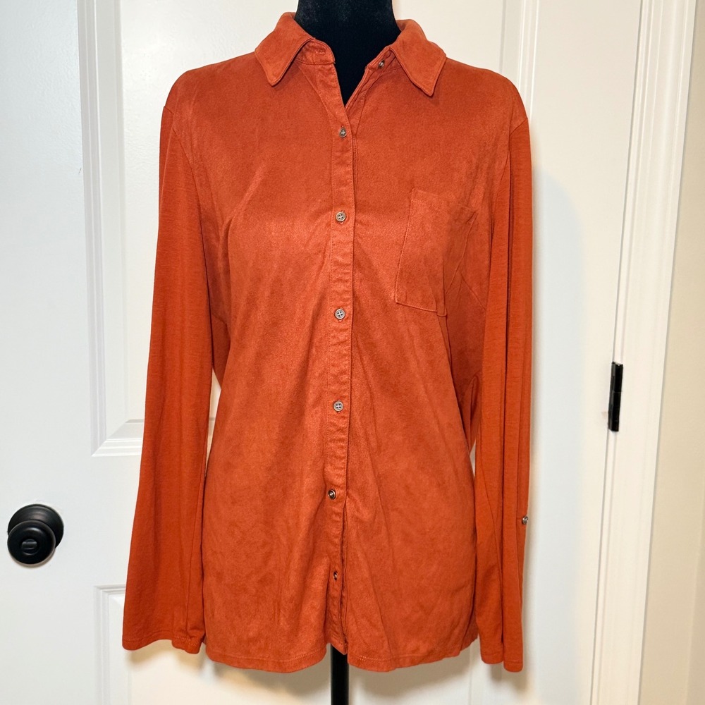 Grayson Women Burnt Orange Faux Suede Fall Cozy Button Down Shirt Large